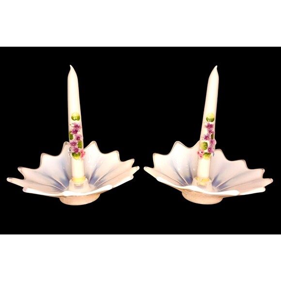 Vintage PAIR 2 Fostoria Heirloom Opalescent White Glass Candle Holders + Candles
